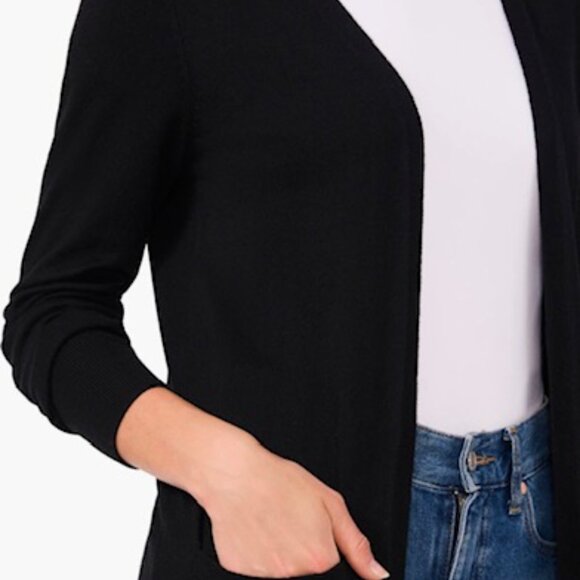Halogen Open Front Pocket Cardigan Large Black Long Line Cashmere Blend - Picture 2 of 7